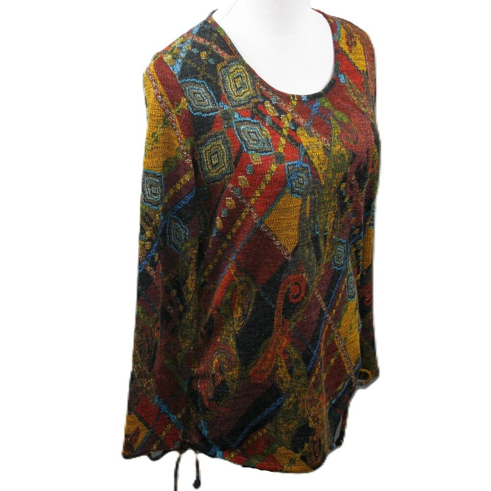Soft Works Colorful Boho Bottom Tie Sides Long Sleeve Knit Tunic Size Medium